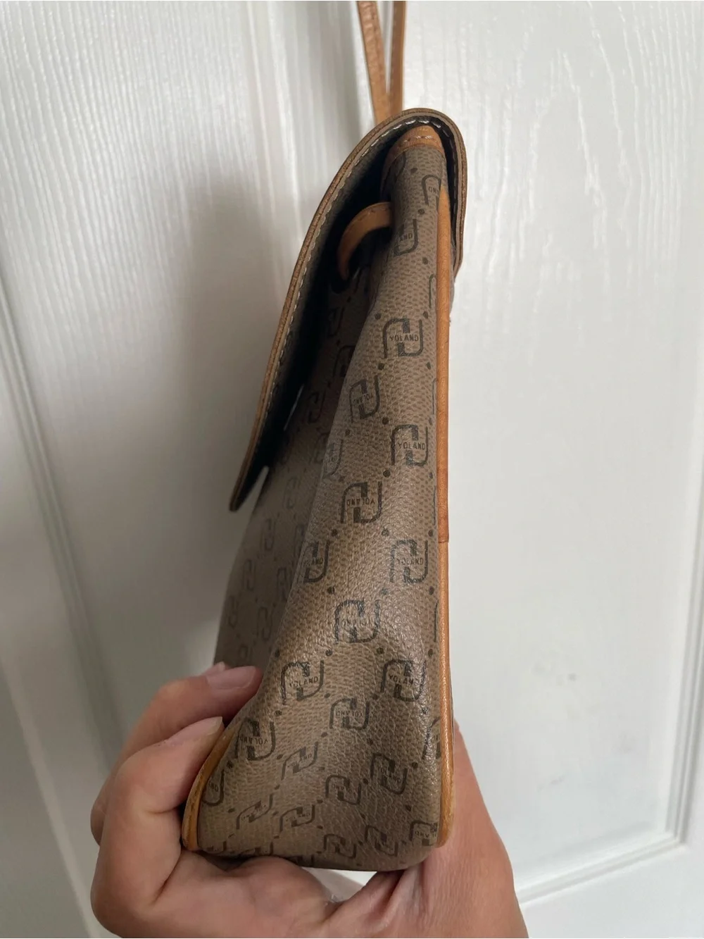 Vintage Yoland Brown/Tan Monogram Crossbody Shoulder Bag 8x2x6 inches
